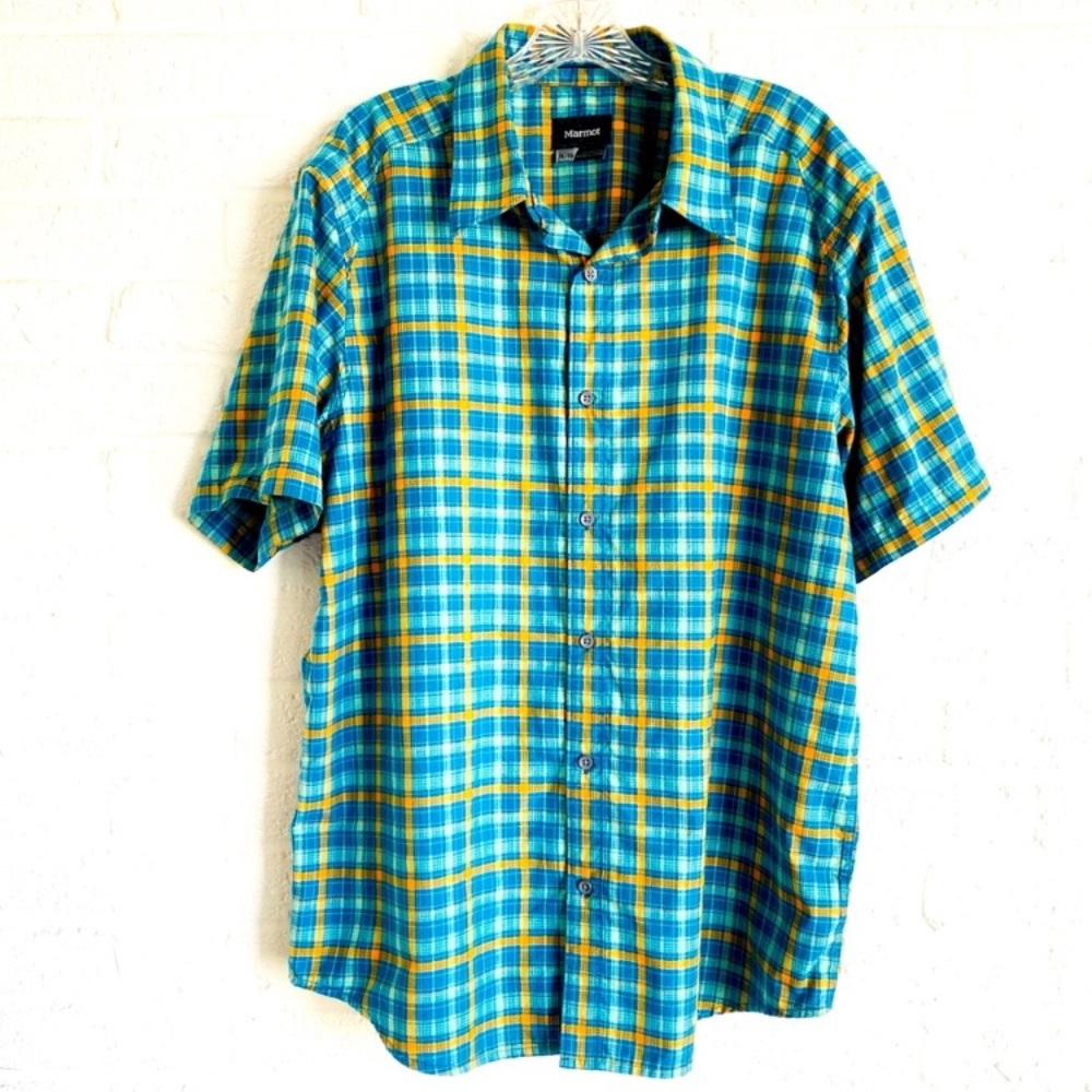 MARMOT Mens Shirt XL Teal Green & Yellow Plaid Short Sleeve Fish Outdoor Camp